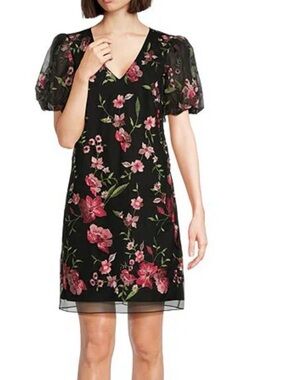 Jessica Howard Black Mini Dress with Pink Floral Embroidery NWT
